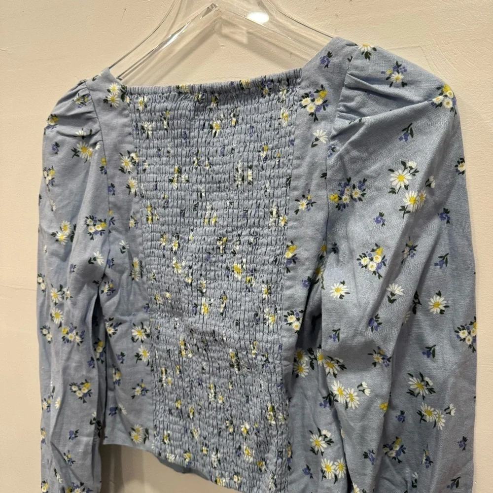 Rachel Zoe Square Neck Long Puff Sleeve Floral Top Linen Blend Smocked Back XS